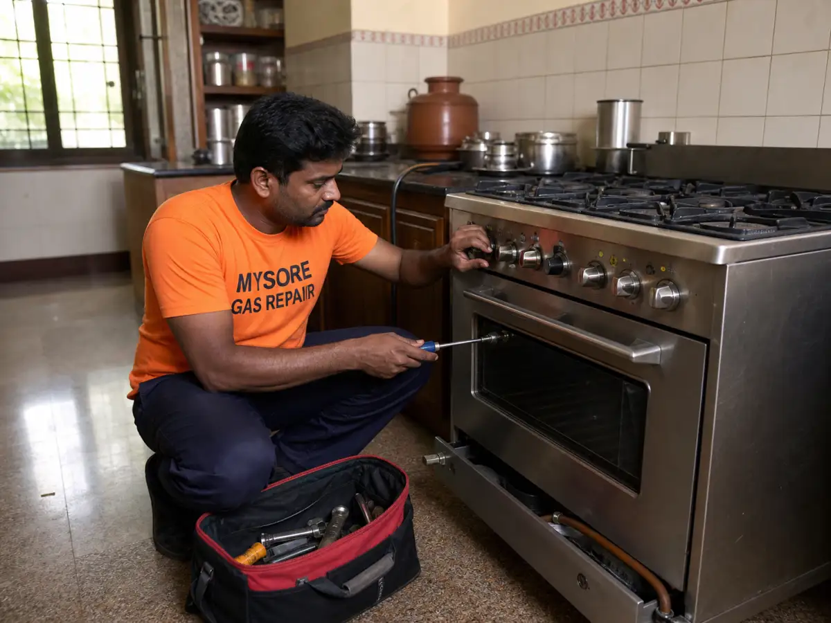 Technician assessing a cooking range before repair