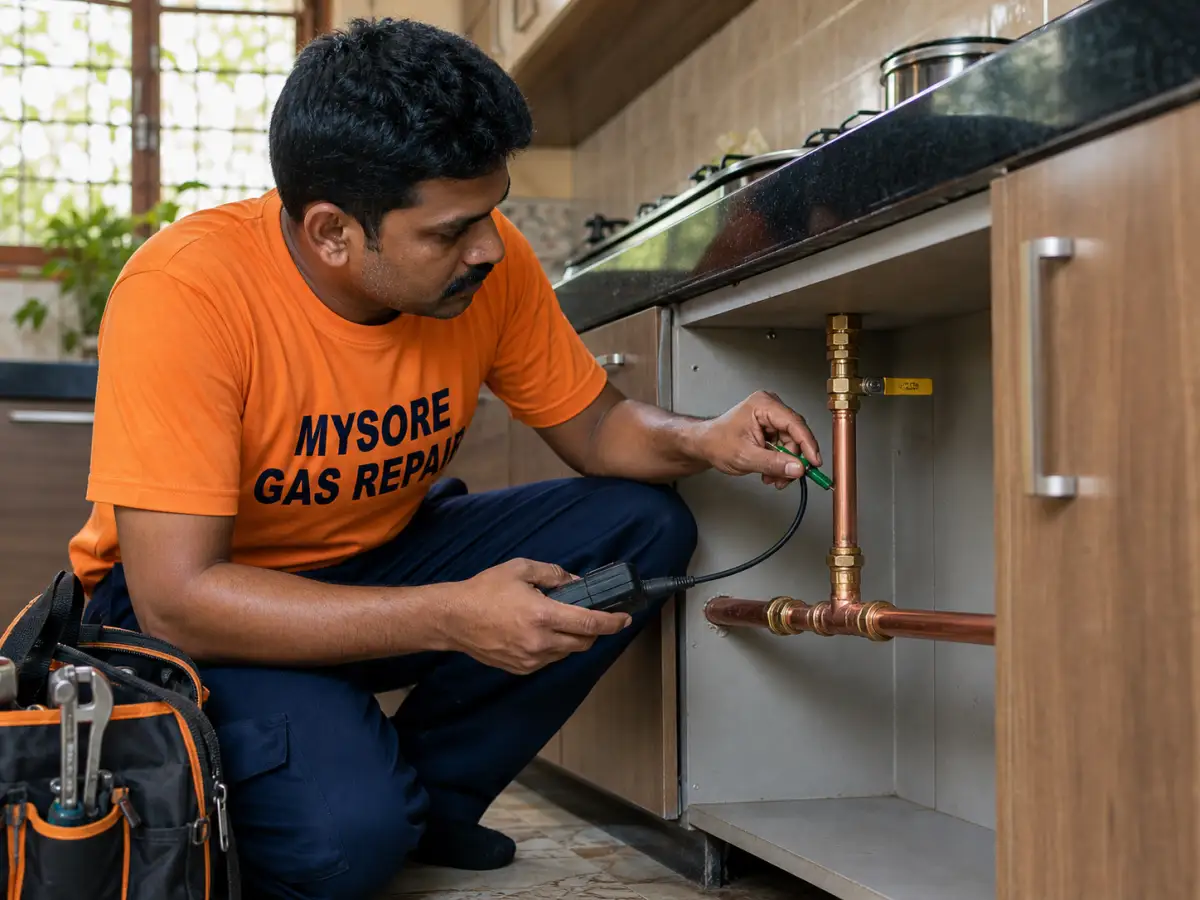 Technician checking a copper gas pipeline connection