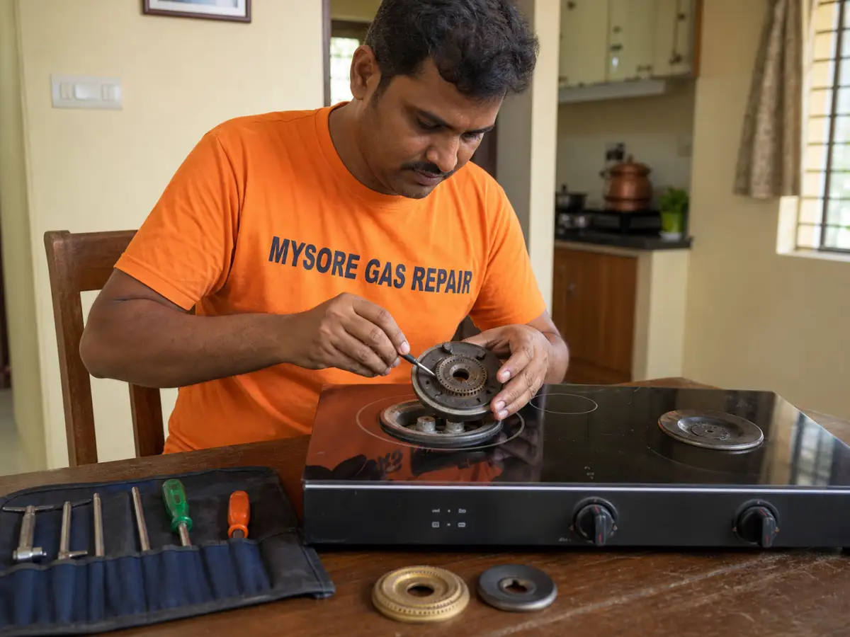 Technician servicing a gas cooktop