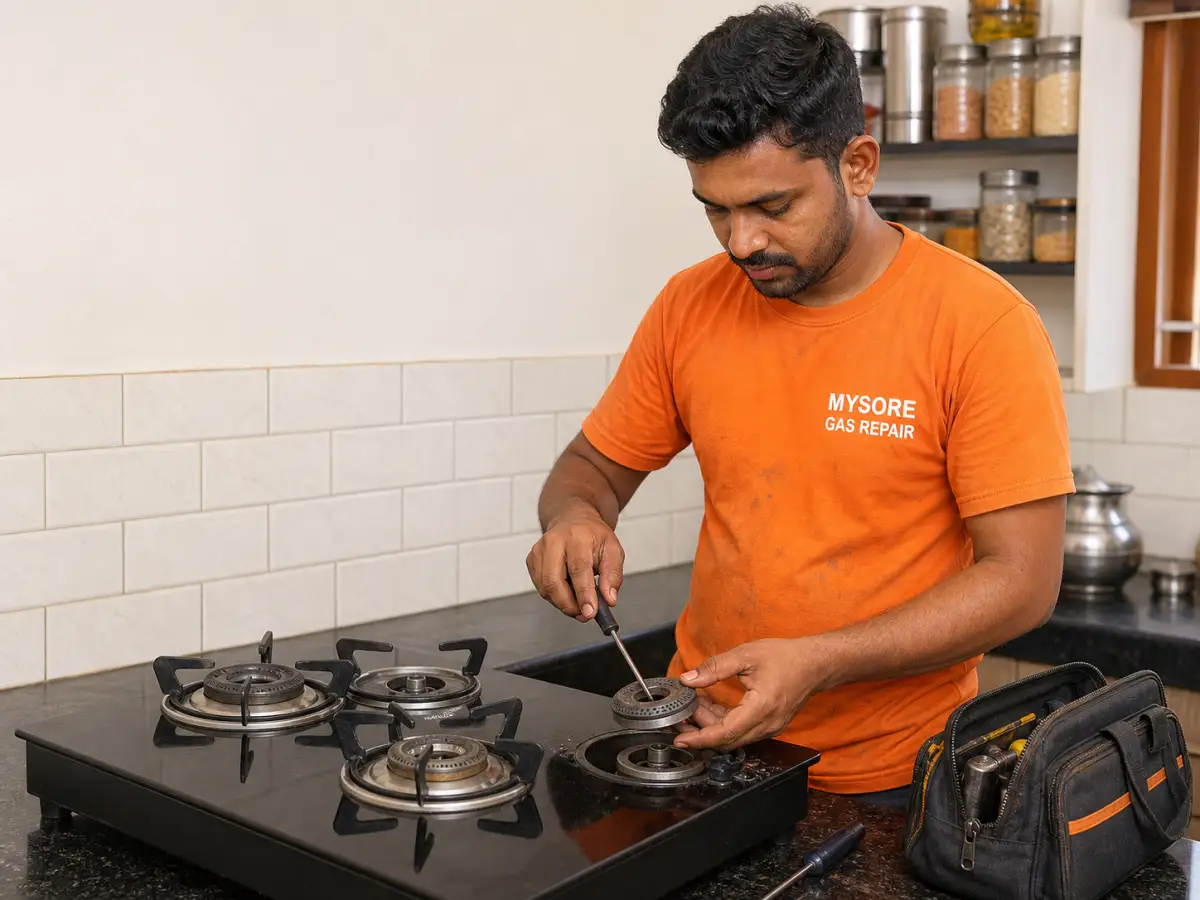 Mysore Gas Repair technician servicing a gas stove in a branded T-shirt