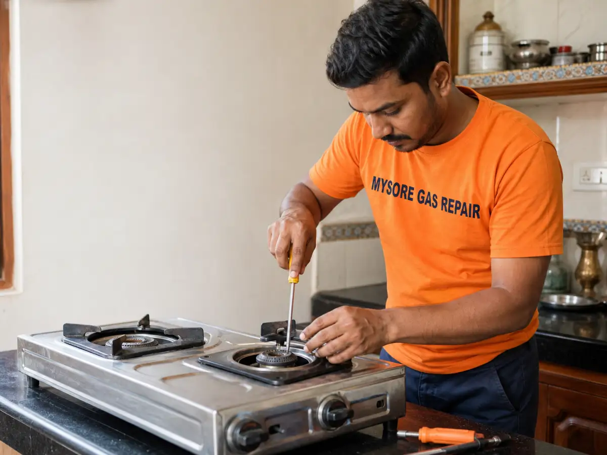 Technician carrying out a doorstep gas stove service visit