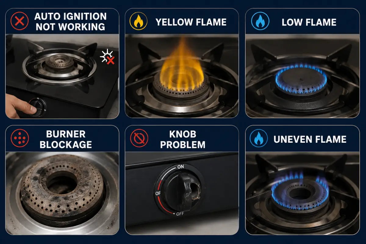 Common gas appliance warning signs: auto ignition not working, yellow flame, low flame, burner blockage, knob problem and uneven flame.